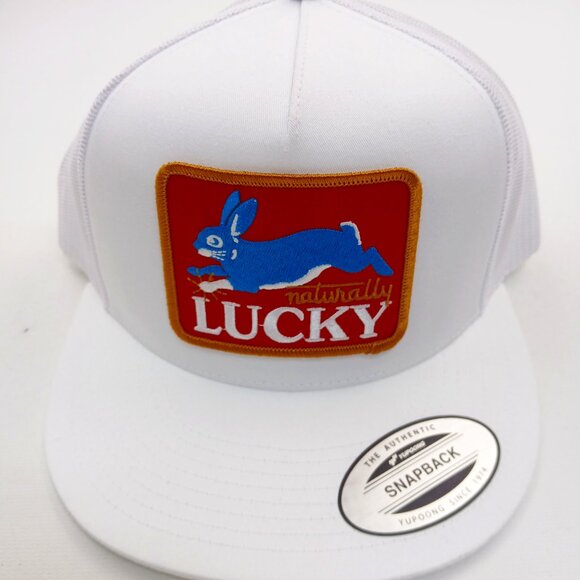 Naturally Lucky Embroidered Patch Flat Bill Trucker Mesh Snapback White - Picture 1 of 6
